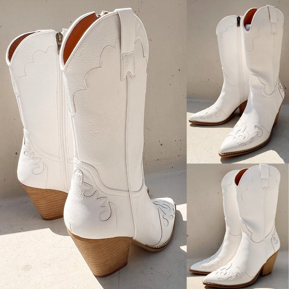 NEW White Western Cowgirl Cutout Applique Pointy Toe Block Heel Mid Calf Boots - Picture 10 of 16